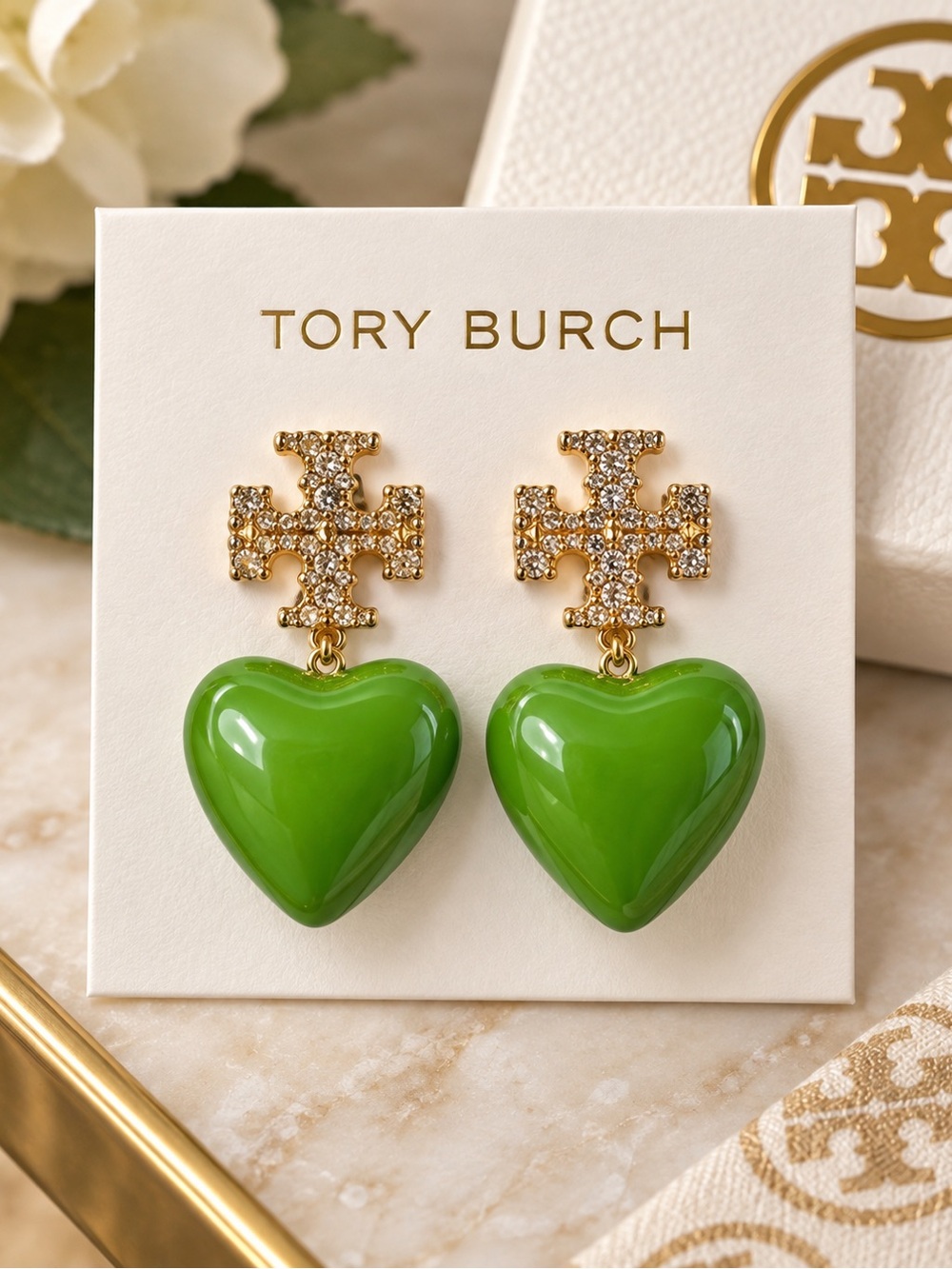 Tory Burch Kira Crystal Logo Green Heart Drop Earrings